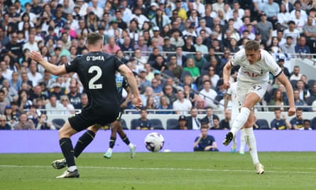 Micky van de Ven scores Tottenham’s second goal against Burnley with a composed finish