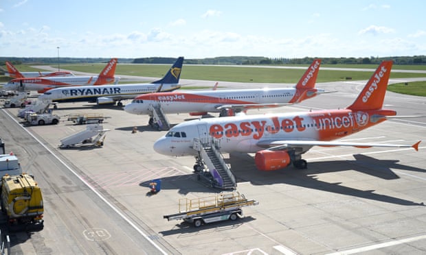 Ryanair and easyJet aircraft parked at Luton Airport following the outbreak of the coronavirus.