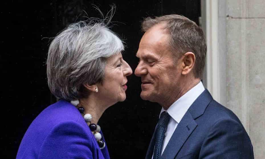 Theresa May greets Donald Tusk at Downing Street