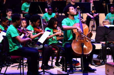 The cellist Sheku Kanneh-Mason performs at the 10th anniversary concert of the Royal Liverpool Philharmonic Orchestra’s outreach programme In Harmony, 2019