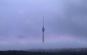 Stuttgart, Germany. The city’s television tower appears between early morning clouds