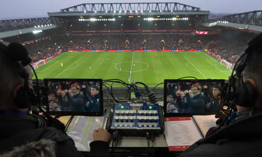 The commentary box at Anfield during a Merseyside derby.