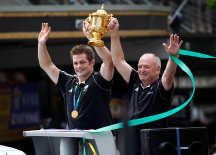 Richie McCaw and Graham Henry during the victory parade after New Zealand won the 2011 Rugby World Cup.