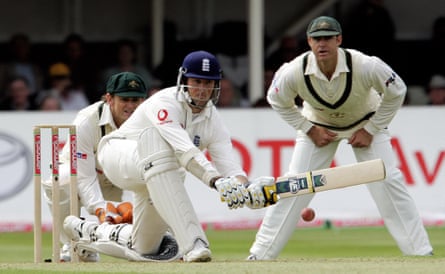 England’s Trescothick sweeps as Australia’s Gilchrist and Hayden watch during the second test of The Ashes series in Birmingham in 2005.