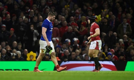 France’s Gregory Alldritt leaves the pitch after he is shown a yellow card by the referee.