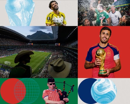 Cape Verde’s keeper Vozinha; England and Mexico fans outside the Azteca; Spain captain Rodri with the World Cup; a Scotland fan; the dazzling Monterrey Stadium