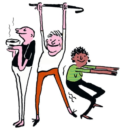 Illustration of three people, one holding a hot drink, one with an umbrella over their head, the third doing a squatting exercise