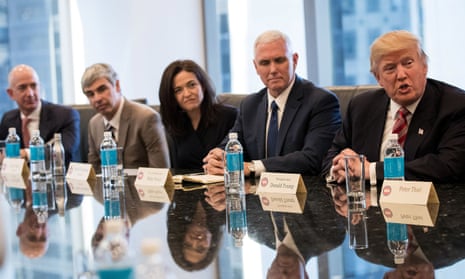 Jeff Bezos, of Amazon, Larry Page, of Alphabet, Sheryl Sandberg, of Facebook, with Mike Pence and Donald Trump at the president-elect’s tech summit.
