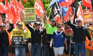 Workers are seen during a union protest against the slashing of penalty rates and the Federal Government’s tough new building code in Brisbane, Thursday, March 9, 2017.