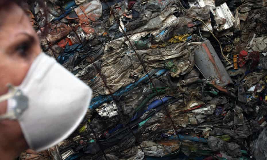 A container of household waste imported from Britain that was improperly labelled as recyclable plastic, in the port of Santos, Brazil.