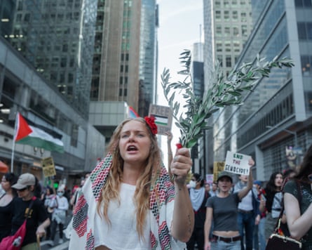 A woman shouts slogans during a pro-Palestine protest in New York.