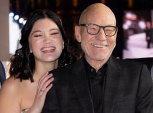 Supported … Isa Briones with Patrick Stewart.