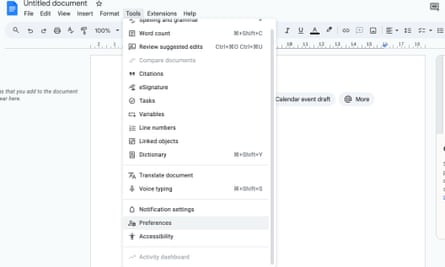 The “tools” drop-down menu in Google Docs shows options like notification settings, preferences and accessibility.