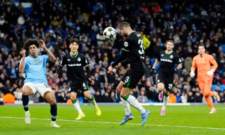David Hancko scores Feyenoord’s equaliser past a powerless Rico Lewis and watched by Ederson, who is out of his goal