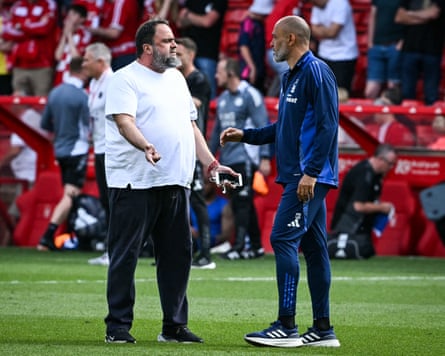 Nottingham Forest co-owner Evangelos Marinakis (left) remonstrates with Nuno Espírito Santo after the 2-2 home draw with Leicester.