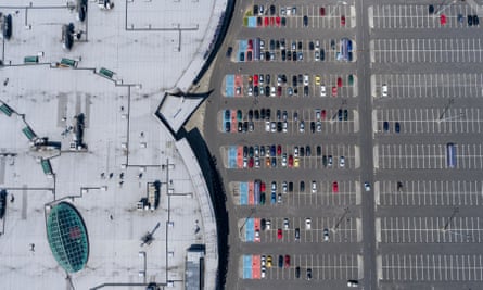 Parking atop a supermarket roof in Budapest, Hungary.