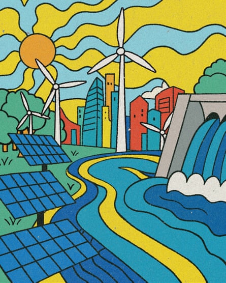 illustration of city, river, solar panels and windmills