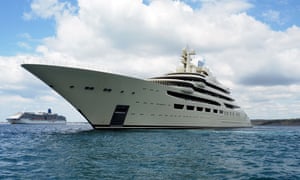 Super yacht Dilbar, one of the largest in the world, anchored off the Jurassic Coast in Dorset on 08 June 2020.