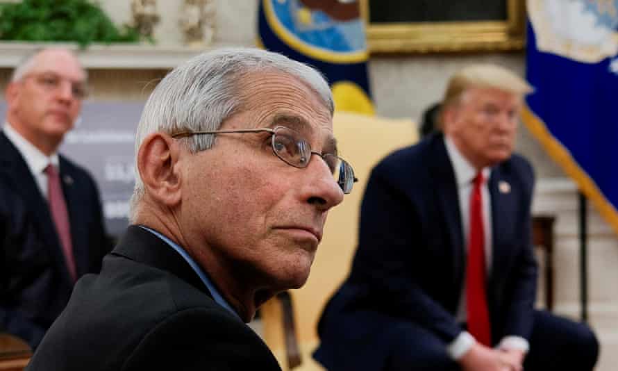 Fauci and Trump at a White House coronavirus briefing in April 2020.