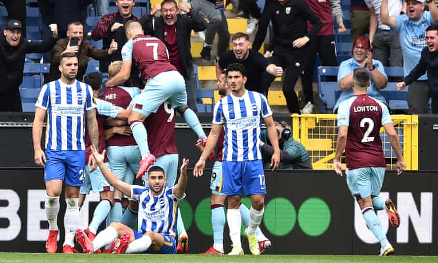 Neal Maupay appeals unsuccessfully as Burnley celebrate James Tarkowski’s goal