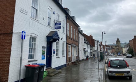 Welshpool High Street in the rain.