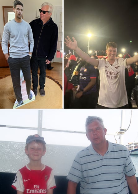 Donald McRae gazes admiringly at his life-size cutout of Mikel Arteta, Jack McRae celebrates Arsenal’s Premier League triumph outside the Emirates, father and son - fellow Arsenal fans.