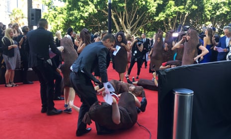 Protesters dressed as sausages to highlight the male domination of the film and television industries at the Aacta awards on Wednesday afternoon.