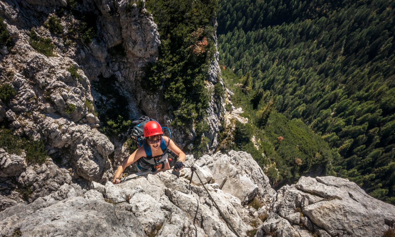 Hanging tough … a climber on a steep section of the Ettore Bovero, Italy.