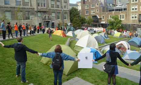 McGill students protest during a camp-out calling on the university administration to divest its holdings from fossil fuels in September, 2015.