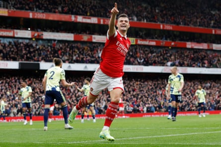 Granit Xhaka revels in the adulation of the Arsenal crowd after putting his side 4-1 up against Leeds.