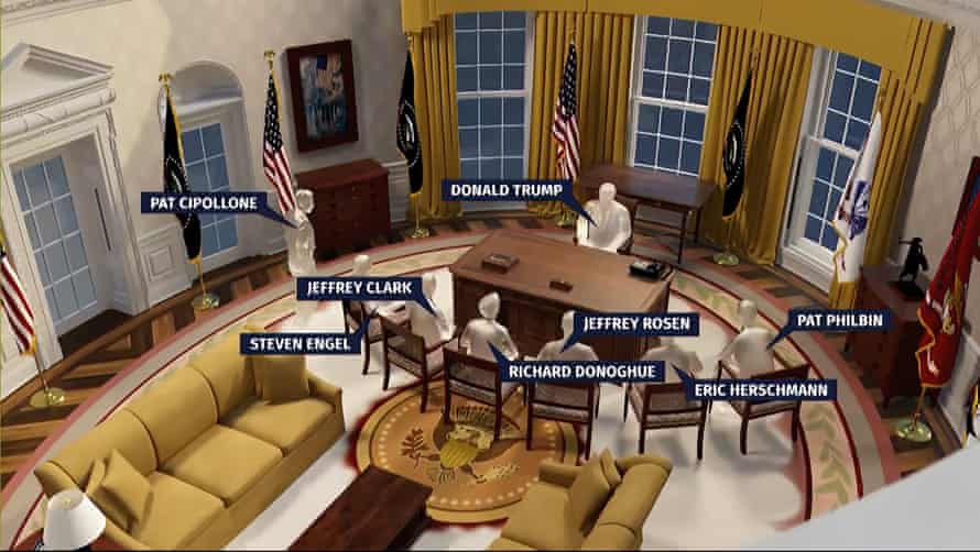 A schematic of the Oval Office labels silhouetted figures who attended the 3 January meeting.