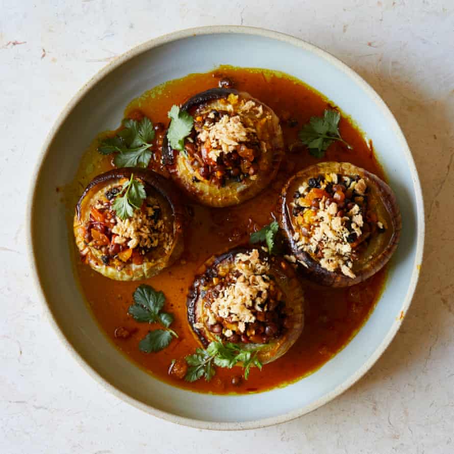 Nik Sharma’s baked onions stuffed with lentils.