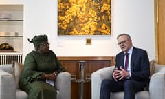 World Trade Organization (WTO) Director-General Dr Ngozi Okonjo-Iweala (left) speaks to Australian Prime Minister Anthony Albanese during a meeting at Parliament House in Canberra, Tuesday, November 22, 2022. (AAP Image/Lukas Coch) NO ARCHIVING