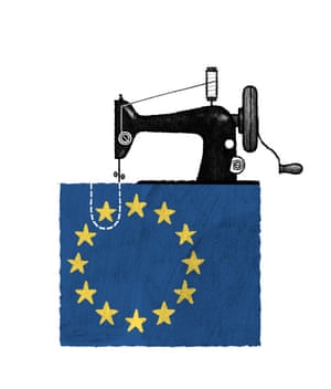 Illustration by David Foldvari of a sewing machine crafting an EU flag.