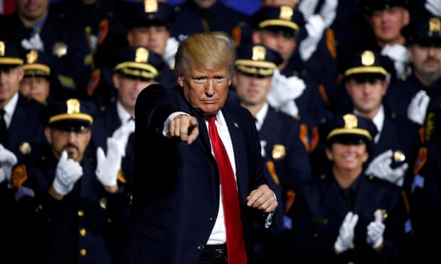 Donald Trump addresses law enforcement officials in Brentwood, New York. There has been ‘an explosion of crazy, spread over the past seven days’.
