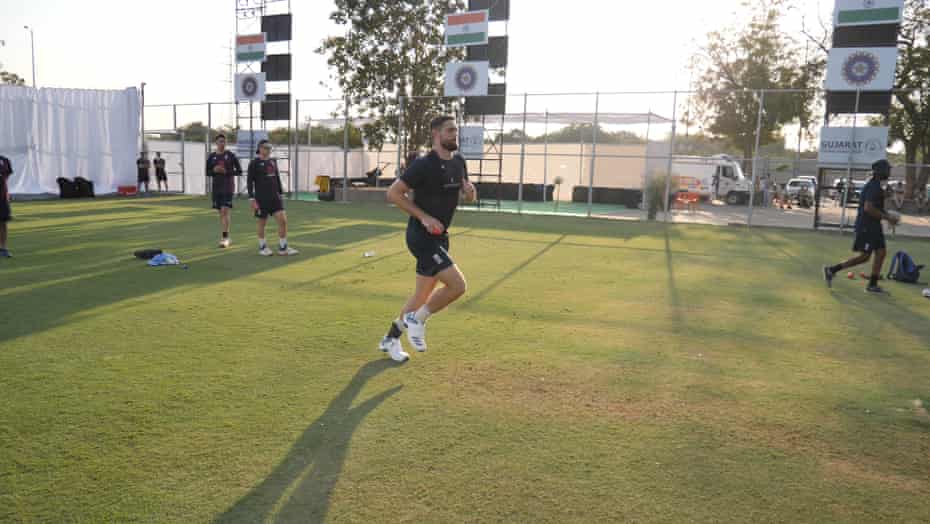 Chris Woakes during an England nets session at Ahmedabad in February.