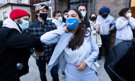 Alexandria Ocasio-Cortez with her campaign team in the Bronx on election day. Progressives accused moderates of failing to capture the imagination of the voters.
