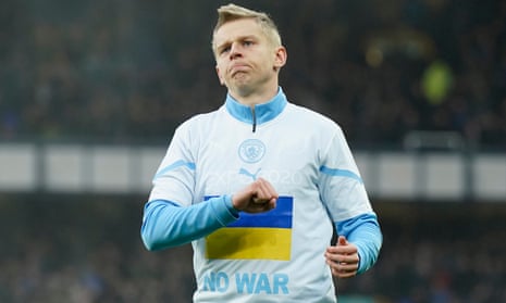 Oleksandr Zinchenko warming up for Manchester City’s game at Everton in late February.