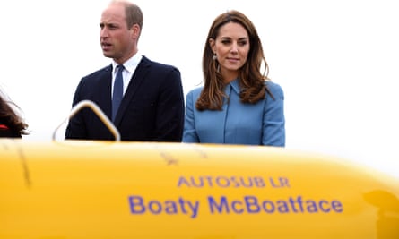 Britain’s Williand and Catherine, Duchess of Cambridge, stand on the helideck in front of the unmanned submarine Boaty McBoatface during the naming of the RRS Sir David Attenborough at Camel Laird shipyard, Birkenhead, Britain September 26, 2019. Asadour Guzelian/Pool via REUTERS
