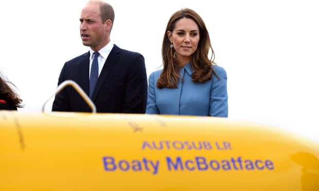 Britain's Williand and Catherine, Duchess of Cambridge, stand on the helideck in front of the unmanned submarine Boaty McBoatface during the naming of the RRS Sir David Attenborough at Camel Laird shipyard, Birkenhead, Britain September 26, 2019. Asadour Guzelian/Pool via REUTERS