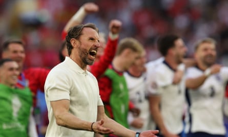 Gareth Southgate celebrates after victory in a the penalty shootout in the Euro 2024 quarter-final between England and Switzerland