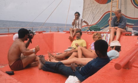 ‘A floating Love Island’ … the Acali raft, which sailed the Atlantic in 1973 in a social experiment devised by anthropologist Santiago Genovés (centre, in yellow).