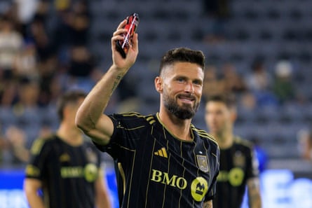 Olivier Giroud #9 of the Los Angeles Football Club waves to fans after playing his last game for LAFC at the end of their regular season MLS game against the Vancouver Whitecaps on Sunday June 29, 2025 at the BMO Stadium in Los Angeles, California.