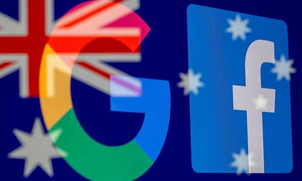 Google and Facebook logos overlaid over the Australian flag