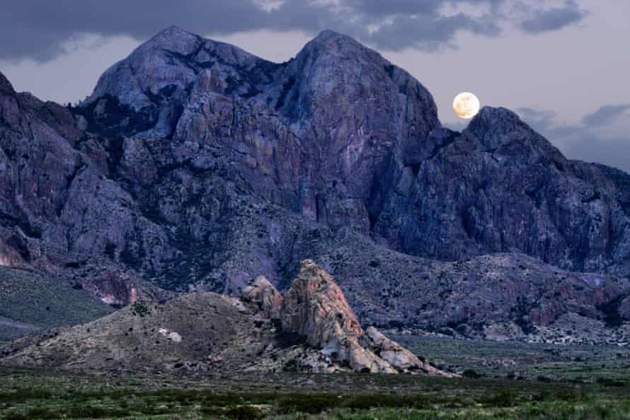 Moon over Baldy Peak and La Cueva, on the west side of the Organ Mountains-Desert Peak, New Mexico.