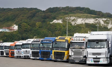 Lorries parked in Dover, Kent. Treasury minister Simon Clarke said the government wanted to encourage HGV drivers who had left the profession to come back.