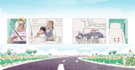 Double page spread of illustration in watercolour style, showing a road, and superimposed on this four illustration panels - one pair showing Yacoub in the present and him as a child with his grandmother. The other shows Tinka the cat in the present, beside a picture of Tinka as a kitten with his mother and siblings, curled up sleeping.