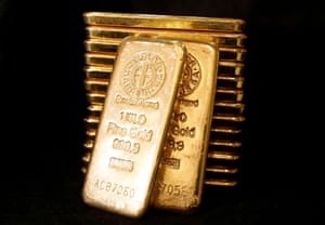 Gold bullions are displayed at GoldSilver Central’s office in Singapore.