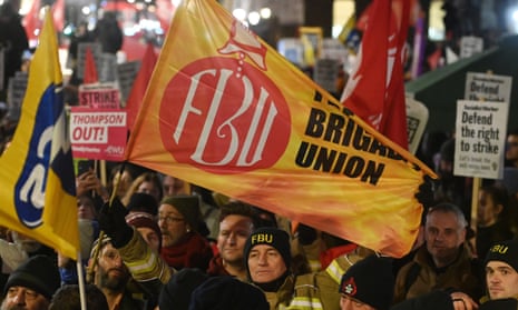 Members of the Fire Brigades Union demonstrate against the government’s proposed strikes bill outside Downing Street in London, 16 January 2023.