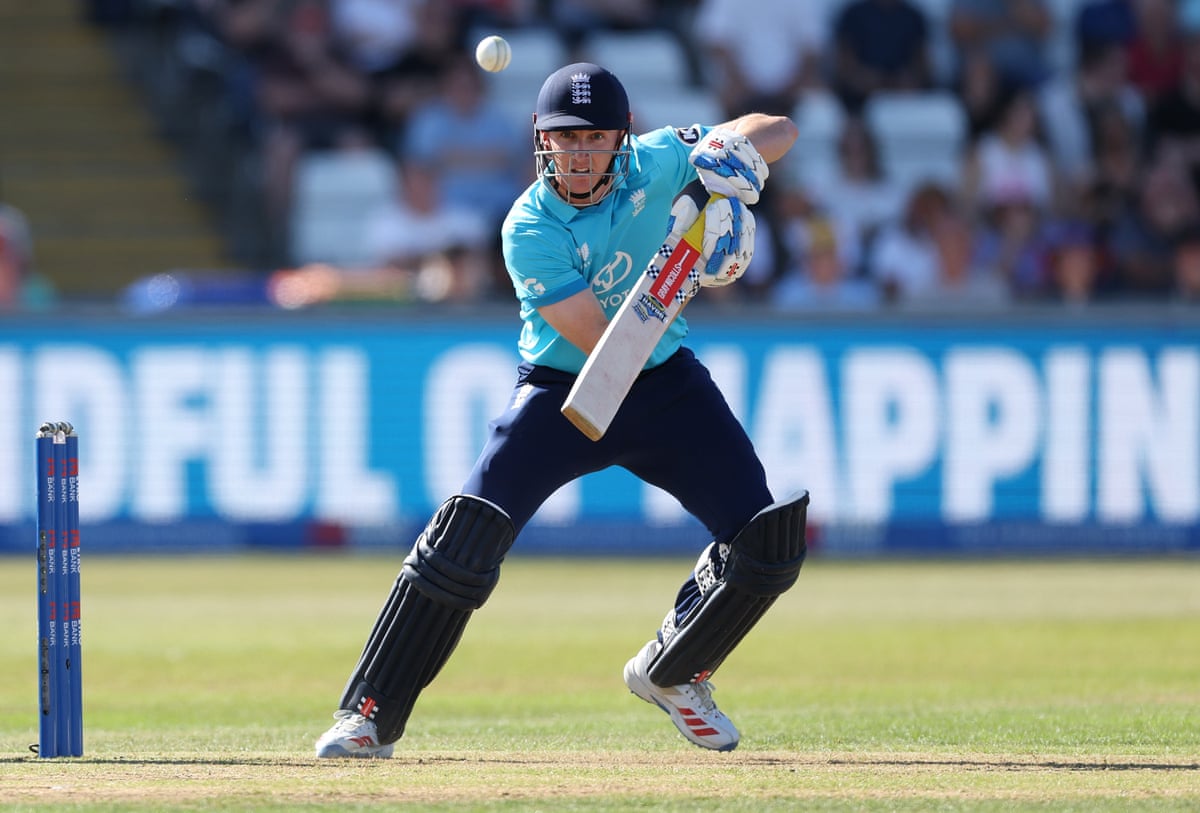 England captain Harry Brook swings his bat at a rising ball during an ODI